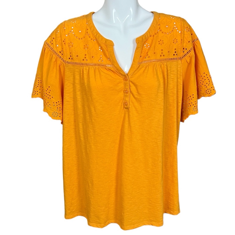 Lane Bryant Orange Short Flutter Eyelet Sleeves Split Neck Top Size 18/20 - Picture 2 of 10